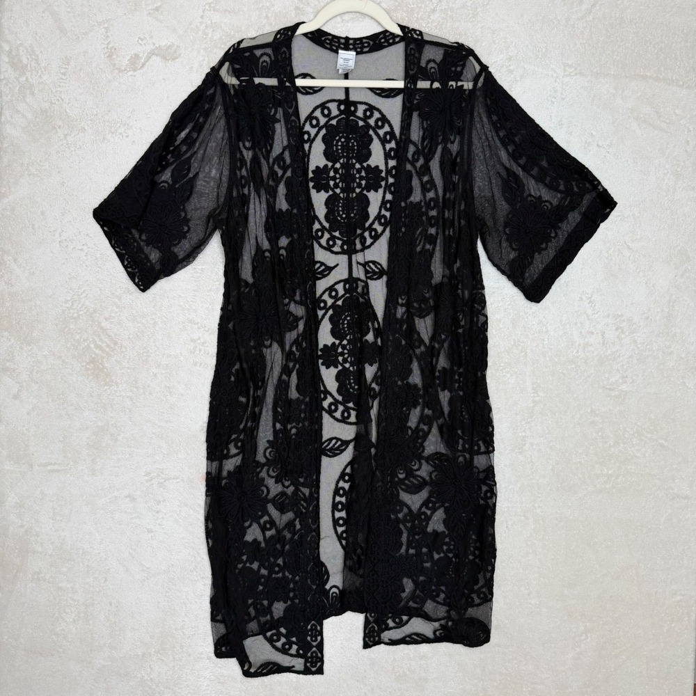 Black Floral Lace Kimono Mesh Open Front Wrap Cardigan S-M Festival Boho Coverup